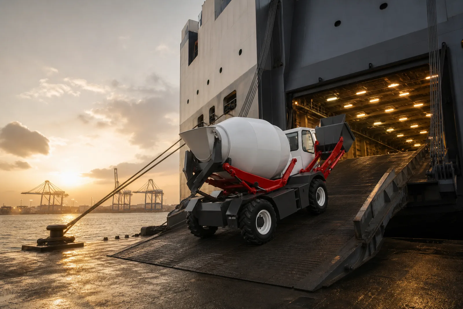 Self-loading concrete mixer at the stern ramp of a RoRo vessel